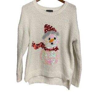 Blizzard Bay White Sequin Snowman Sweater Size M Fuzzy Ugly Sweater Holiday